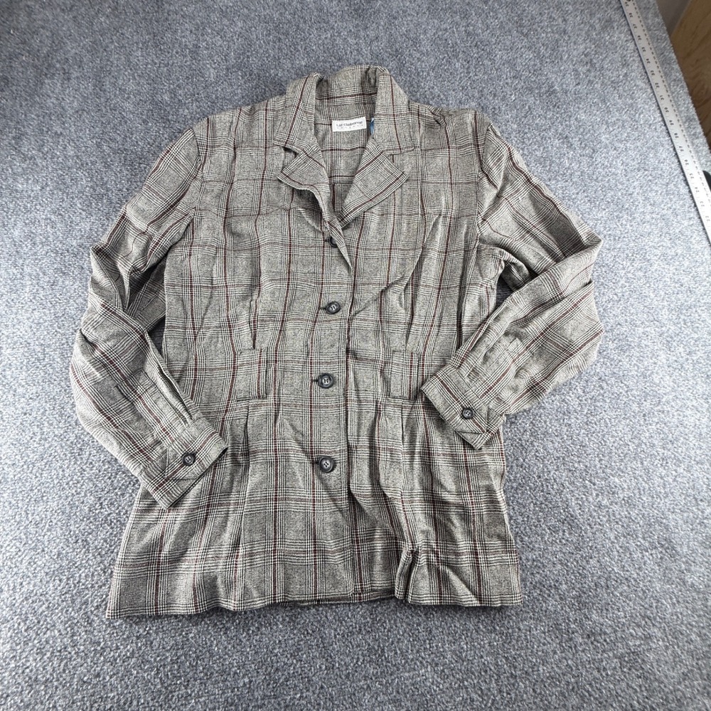 Liz Claiborne Grey Glen Plaid Skirt Suit Set Blazer Midi Skirt 10 Rayon Wool